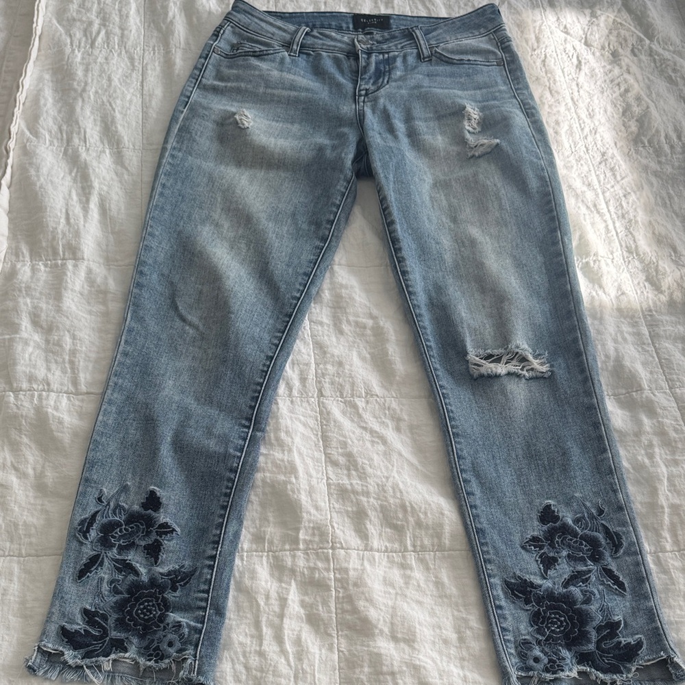 Light Blue Straight Leg Jeans with Dark Blue Floral Embroidery
